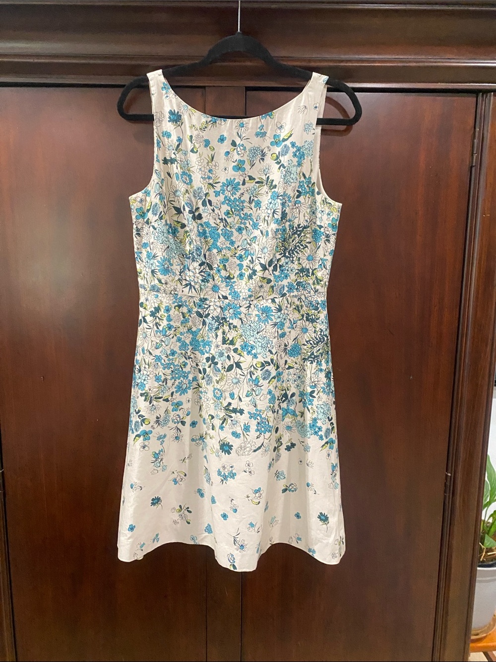 LOFT Cream Midi Dress with Blue Floral Print